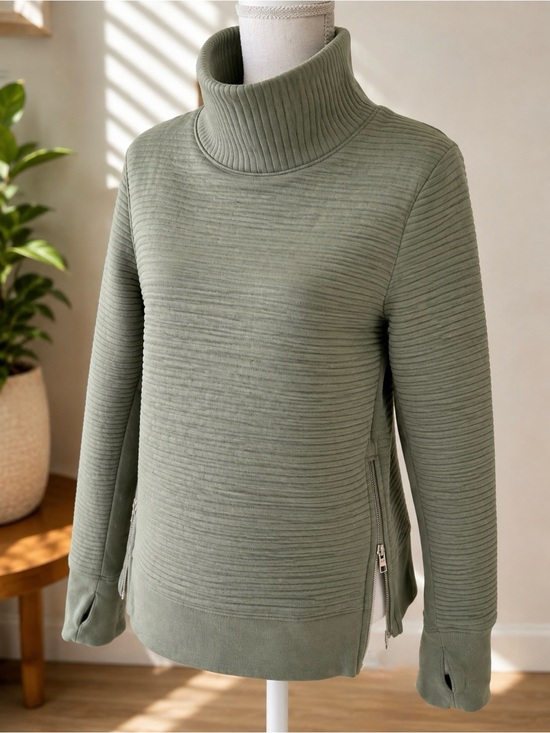 all in motion Sweaters - Sage Green Ribbed Funnel Neck Pullover Sweatshirt with Thumbholes